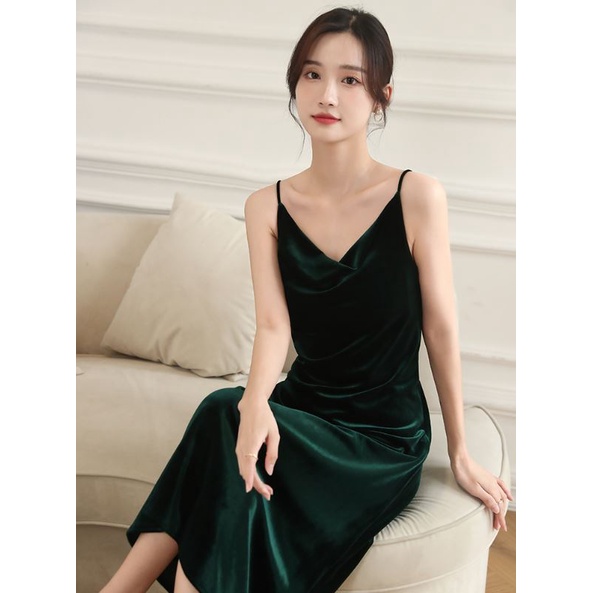 RSB DR380 Korean Velvet V Neck Long Dress Wanita Beludru