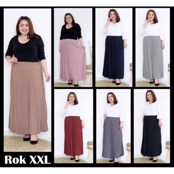 Rok plisket jumbo panjang rok wanita premium XXL warna hitam cream - black Terbaru