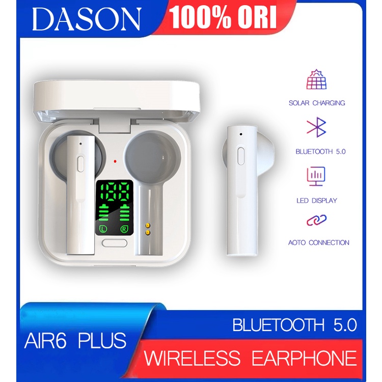 Solar Earphone Bluetooth Wireless Earbuds Bluetooth TWS Headphones Bluetooth 5.0 Earphones Wireless HIFI Headset - AIR 6 PLUS