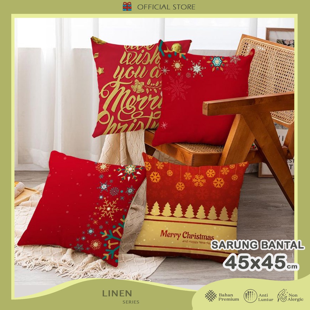 COVER SARUNG Bantal Sofa Print 45x45 cm Linen Motif Natal Christmas Holiday Santa Claus - Pusat Kado Murah