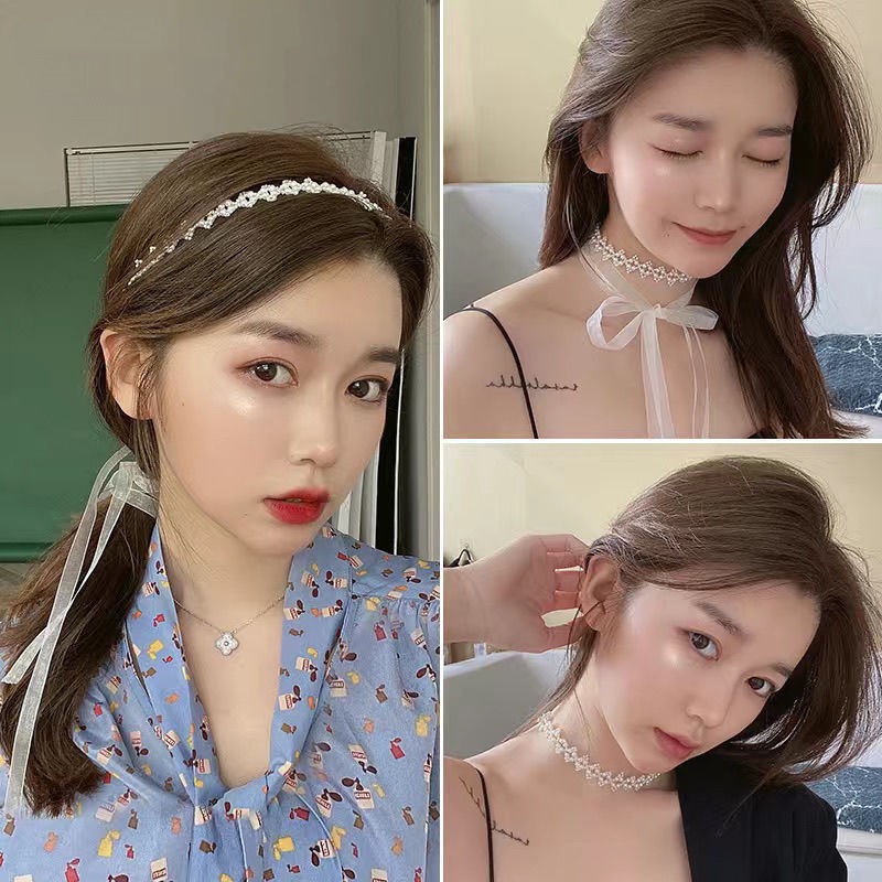 AC088 Ribbon Rambut Head Piece Lace Mutiara Kalung Gelang Feminim Korea