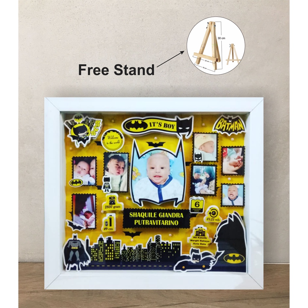 Kado Unik Pigura Biodata Bayi 3D Frame Pop Up  ( YELLOW BATMAN Theme )