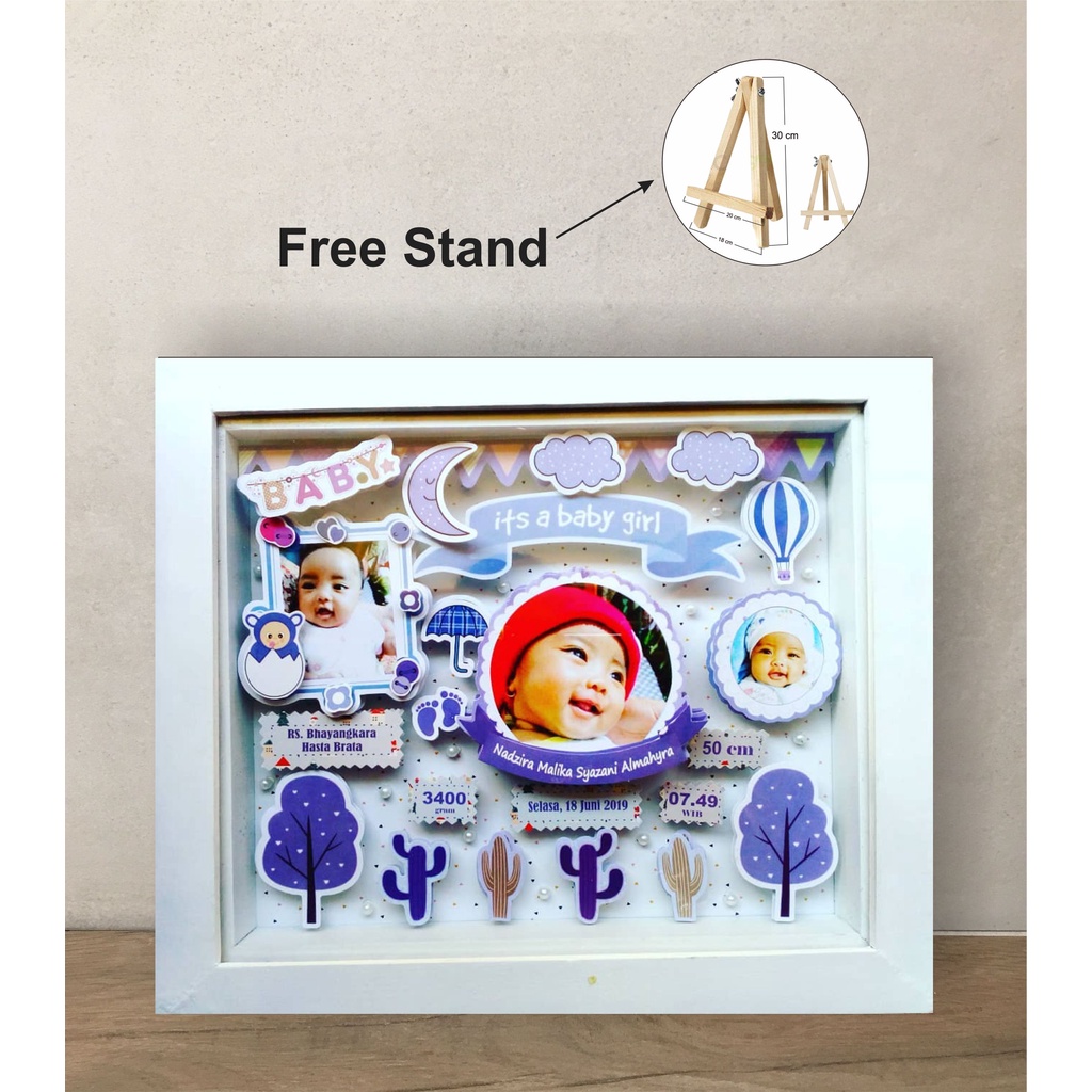 Kado Unik Bayi Pigura 3D Frame Biodata Pop Up  ( Violet Cactus Theme )
