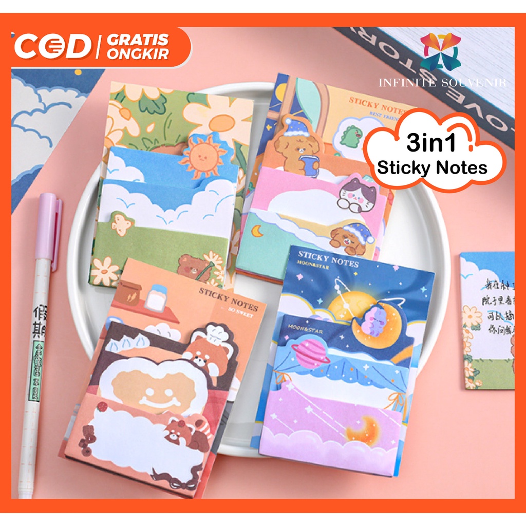 Sticky Notes 3in1 / Stick Note / Stick Maker / Kertas Memo Gambar Karakter Lucu Warna - Warni / Memo Tempel / Pembatas Buku Karakter Isi 90 Lembar