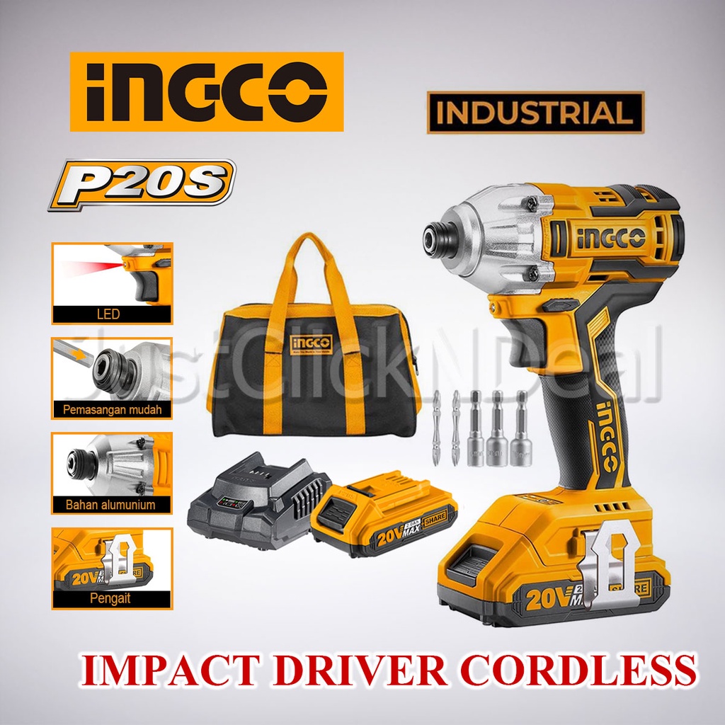 Ingco Paket 2 Baterai Charger P20S Obeng Bor Brushless Impact Driver Cordless 20V