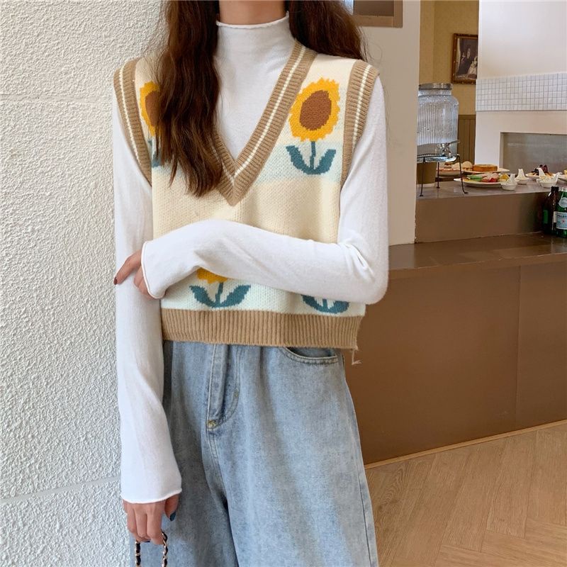 EUNII Korean Style Rompi Rajut Wanita V-neck Knit Vest Atasan Wanita