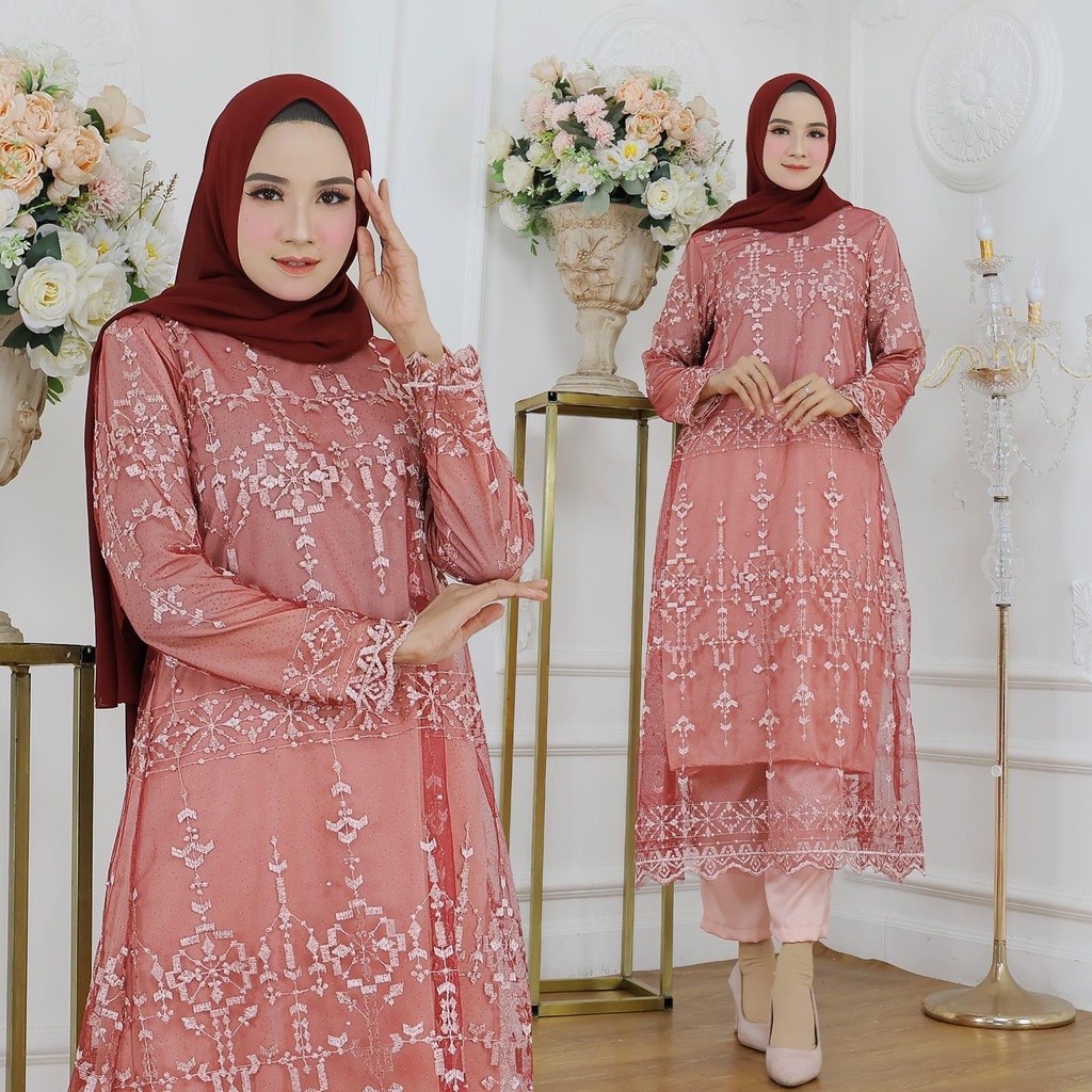 ELDE 9 - Set Aster ( L - XL - XXL ) Stelan Atasan Bahan Brukat Mutiara Premium Lapis Furing + Celana Bahan Moscrepe Pinggang Karet Keliling