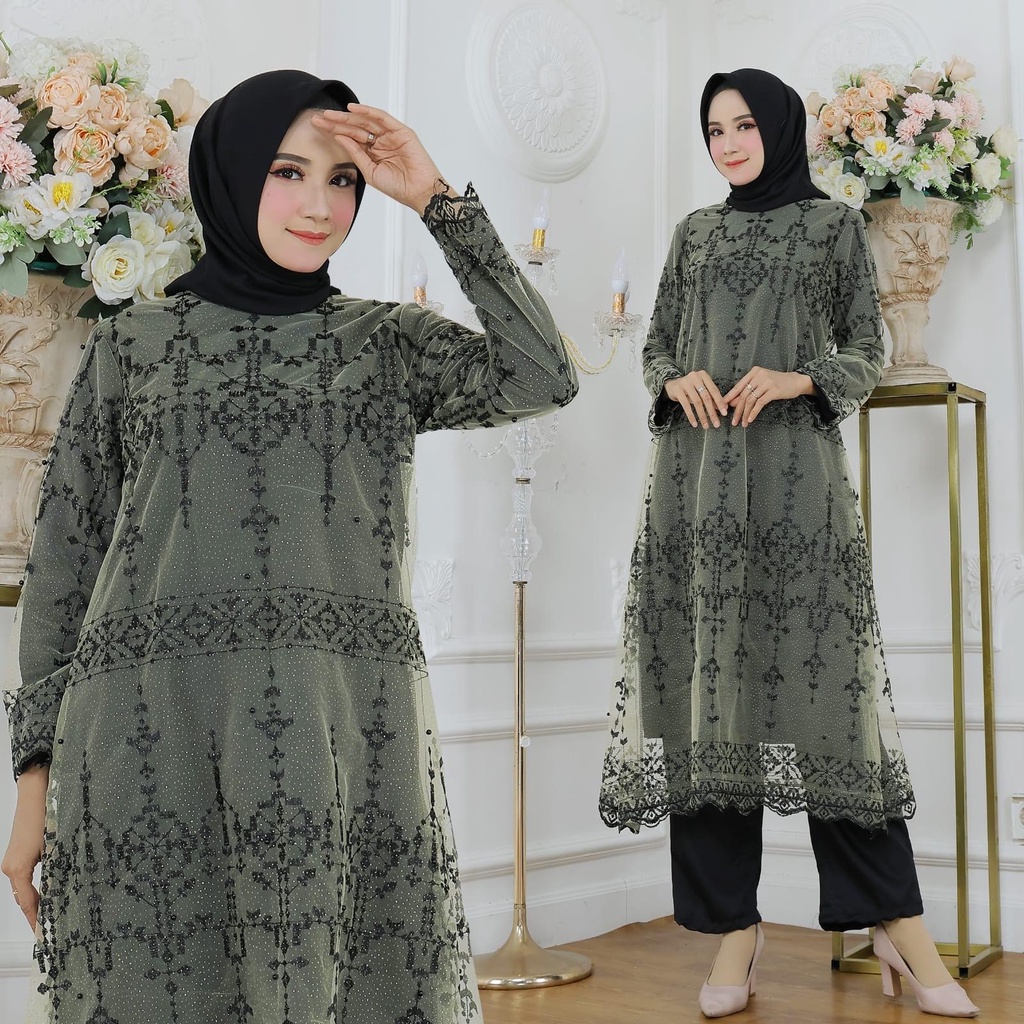 ELDE 9 - Set Aster ( L - XL - XXL ) Stelan Atasan Bahan Brukat Mutiara Premium Lapis Furing + Celana Bahan Moscrepe Pinggang Karet Keliling