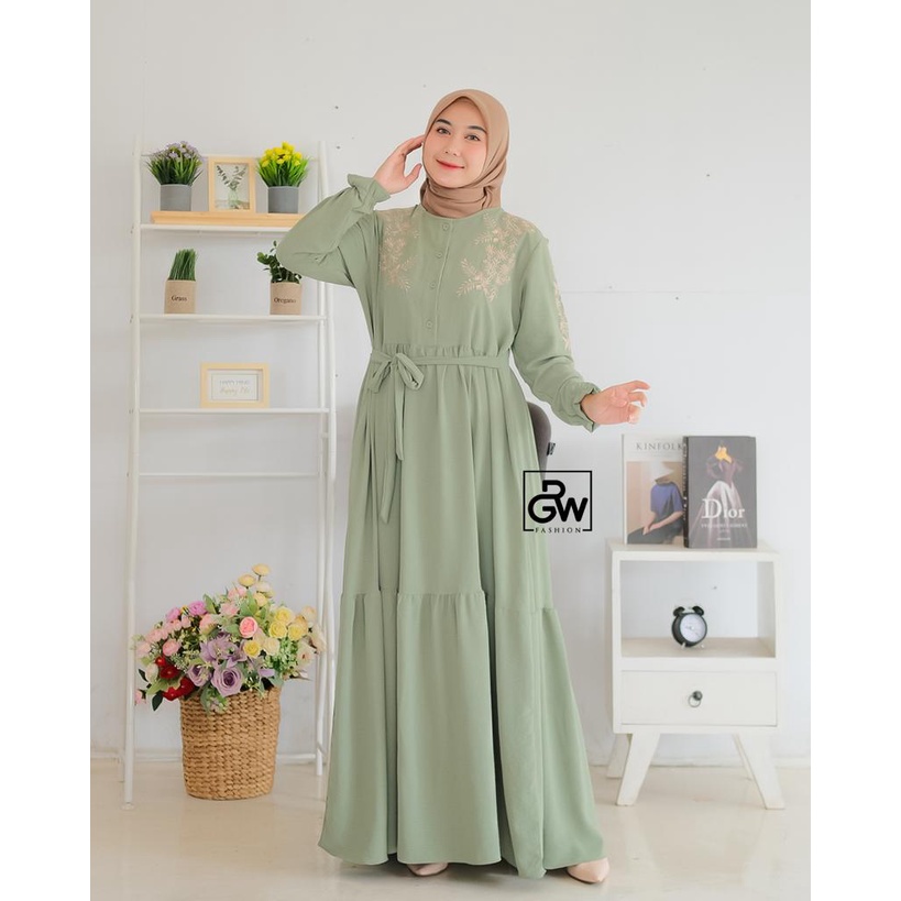 DRESS CRINGKLE BORDIR HANUM RGW BAJU GAMIS WANITA SIMPEL CANTIK KEKINIAN MODEL OOTD SYARI