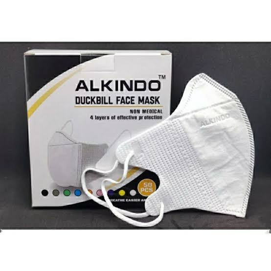 Masker Alkindo duckbill isi 50 4ply  Tebal/Masker duckbill isi 50 warna putih tali kuat dan elastis ada garis hidung