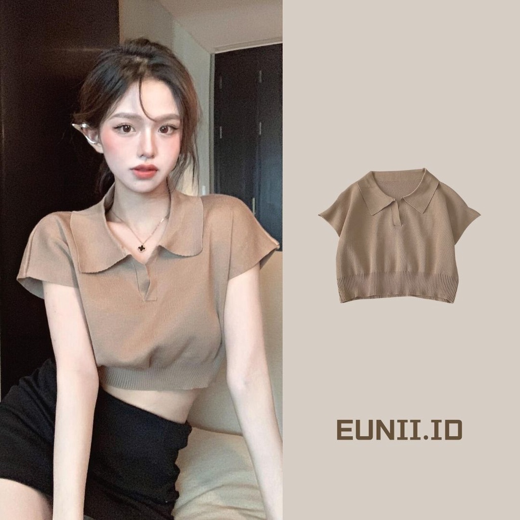 EUNII Knit Crop Top V-neck Lengan Pendek T-shirt Kaos Atasan Rajut Wanita Korean Style