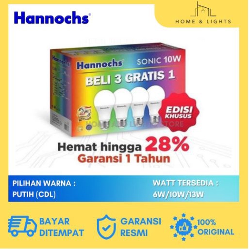 [GARANSI 1THN] Hannochs Lampu LED Paket 3+1 Sonic 6W/10W/13W (Isi 4pcs) | Cahaya Putih