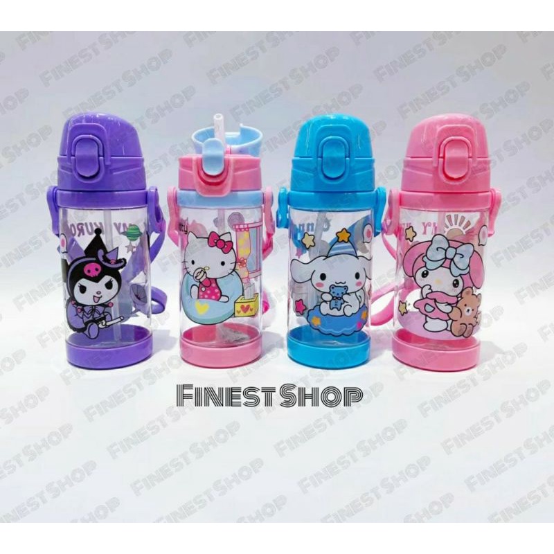 Botol Minum Anak Sanrio dengan Sedotan dan Tali Panjang Kuromi Kitty Cinnamoroll Melody Drinking Bottle Water Flip Top Kado Anak Ultah Birthday Gift Hampers Ulang Tahun Souvenir Unik