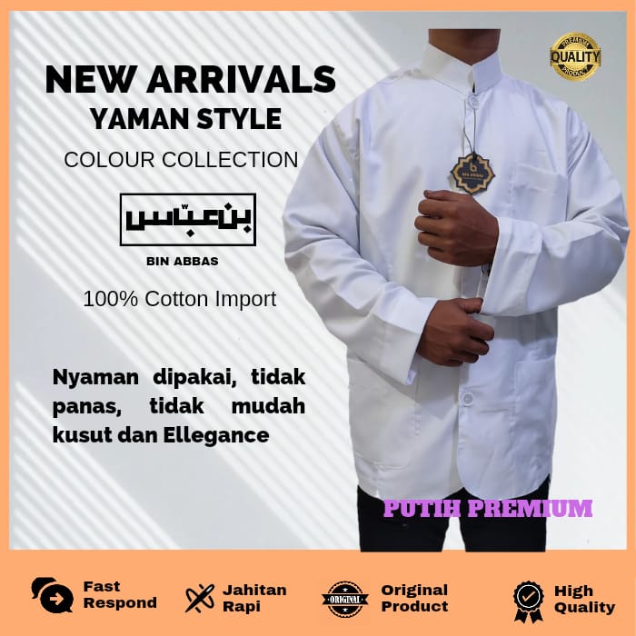 Baju/kemeja Koko Yamani Habaib/hadramaut bin abbas Jumbo Putih Premium