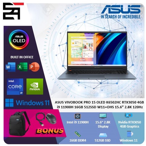 Asus Vivobook Pro 15 OLED K6502HC RTX3050-4GB i9 11900H 16GB 512GB SSD W11 OHS 15.6 Inchi 2.8K 120Hz