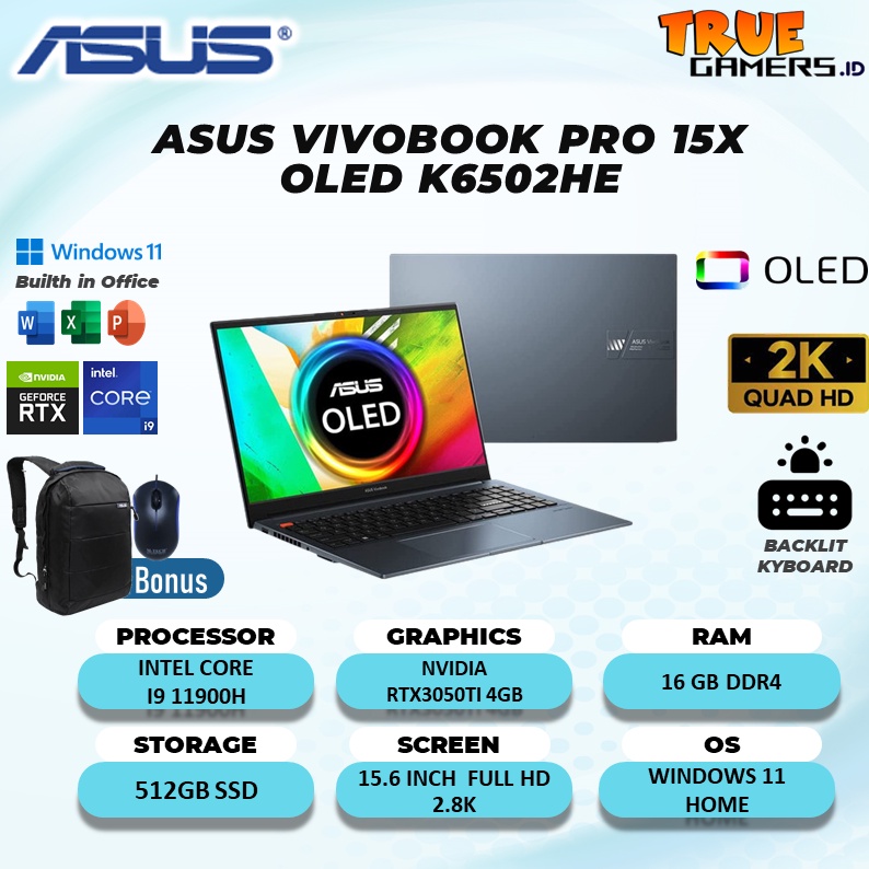 Laptop Asus Vivobook Pro 15X Oled K6502HE RTX3050TI 4GB intel I9 11900H RAM 16GB 512SSD WIN 11+OHS 15.6 2.8K