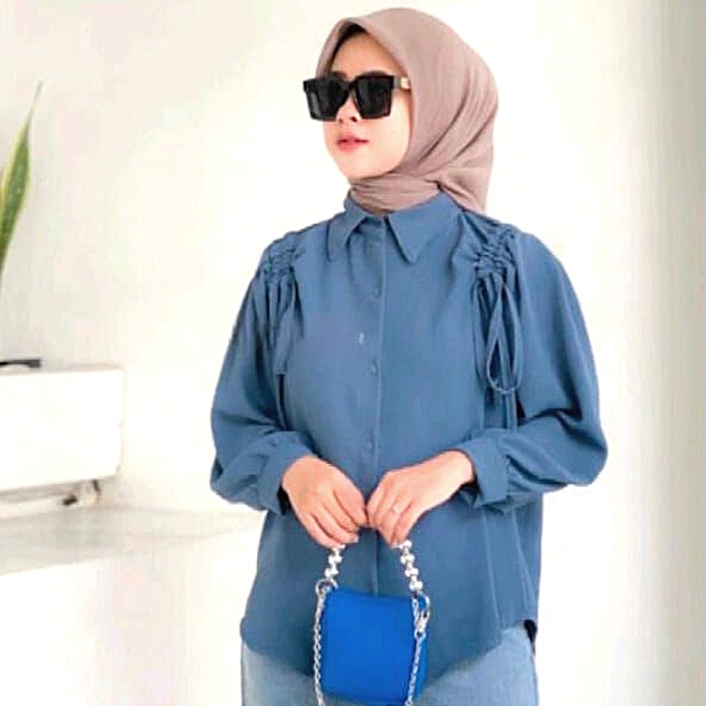 atasan wanita blouse kemeja crinkle airflow premium lengan panjang korean style terbaru baju lebaran kekinian serut bahu busui friendly