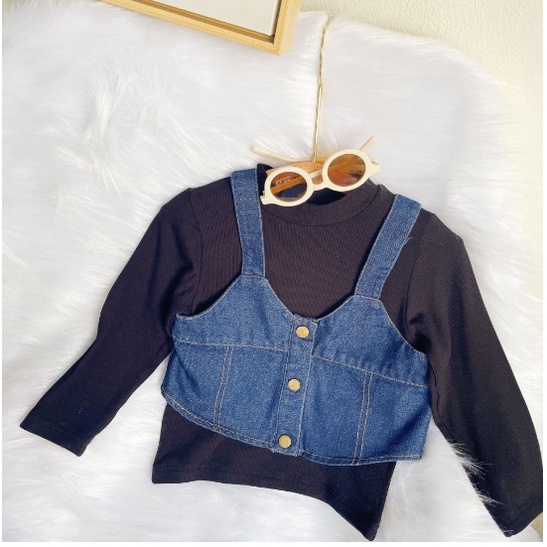 SET ANAK CEWEK ROMPI JEANS 3 IN 1 KULOT + CELANA SIZE 100-140 ROMPI SET 3 IN 1-DALAMAN HITAM