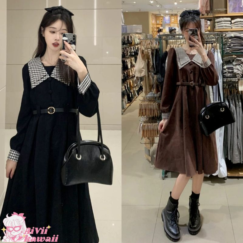 DRESS KOREA MIDI RETRO PLAID COLLAR