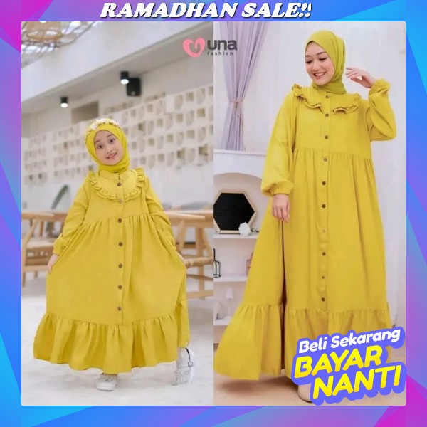 Adaline Dress Baju Kembar Mama Anak Perempuan Kuning Terusan Panjang Ibu Gamis Lebaran Gamis Ibu Ana