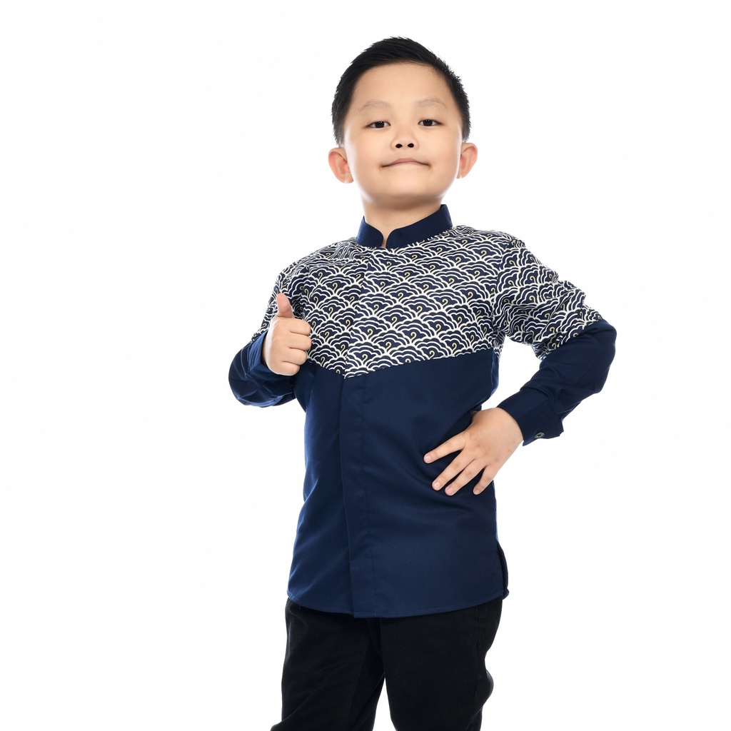 Baju Koko Muslim Anak Laki-Laki Lengan Panjang Kombinasi Motif Batik Toyobo