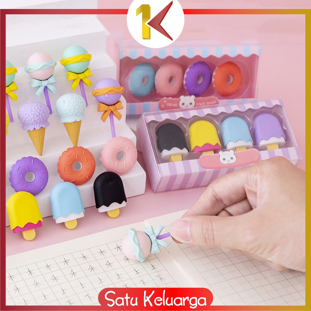 SK-A53 Penghapus Pensil Set 4IN1 Motif Lolipop / Alat Tulis Penghapus Lucu Isi 4pcs Karakter Donat Eraser Ice Cream Import