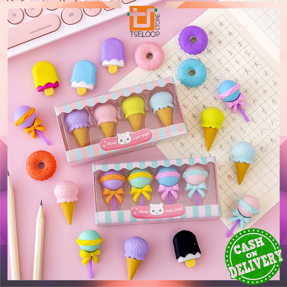 OFM-A53 Penghapus Pensil Set 4IN1 Motif Lolipop / Alat Tulis Penghapus Lucu Isi 4pcs Karakter Donat Eraser Ice Cream Import