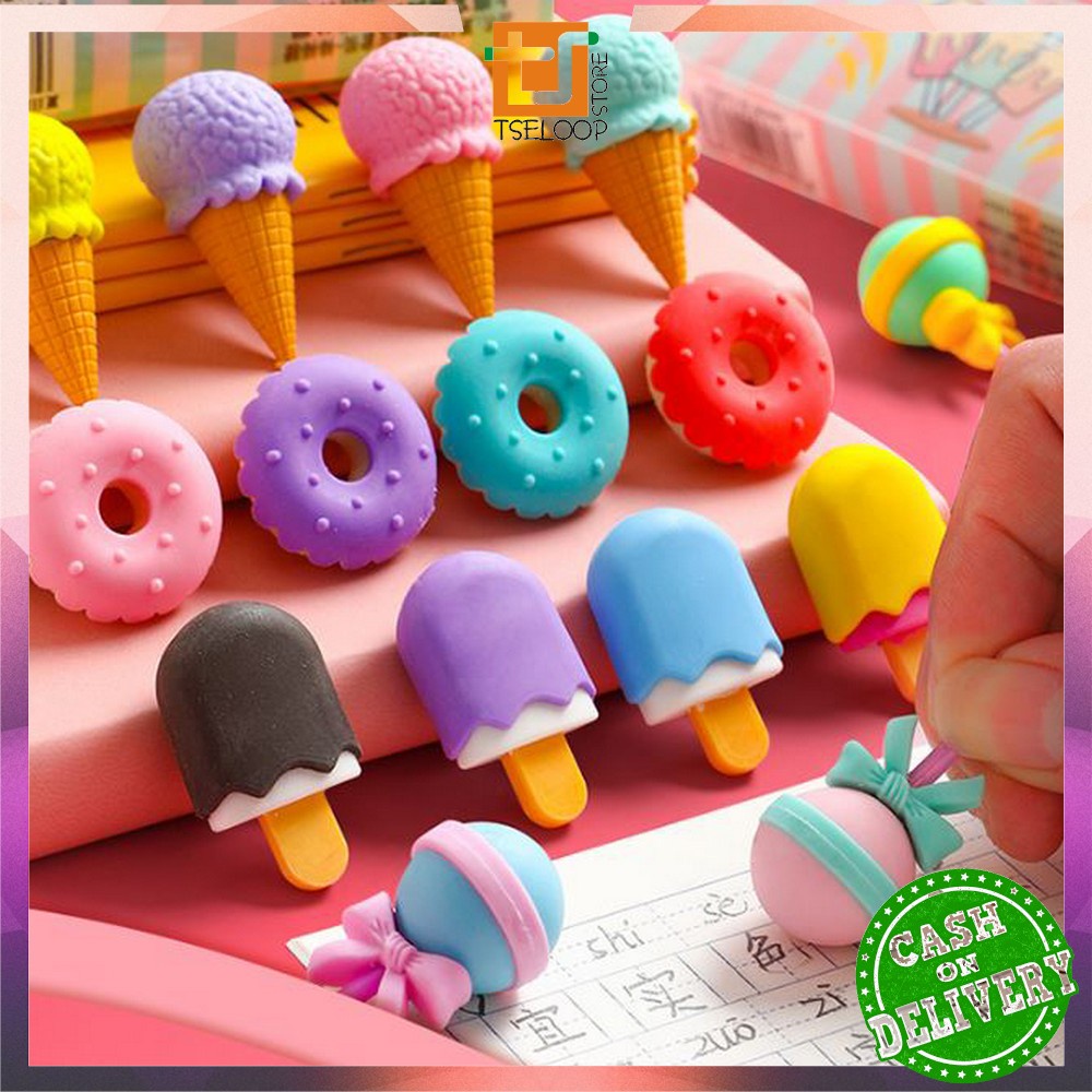 OFM-A53 Penghapus Pensil Set 4IN1 Motif Lolipop / Alat Tulis Penghapus Lucu Isi 4pcs Karakter Donat Eraser Ice Cream Import