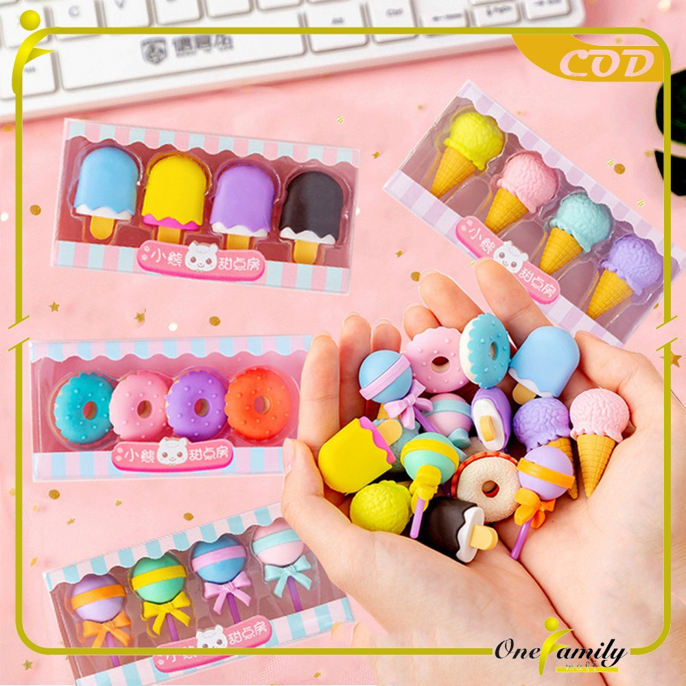 ONE-A53 Penghapus Pensil Set 4IN1 Motif Lolipop / Alat Tulis Penghapus Lucu Isi 4pcs Karakter Donat Eraser Ice Cream Import