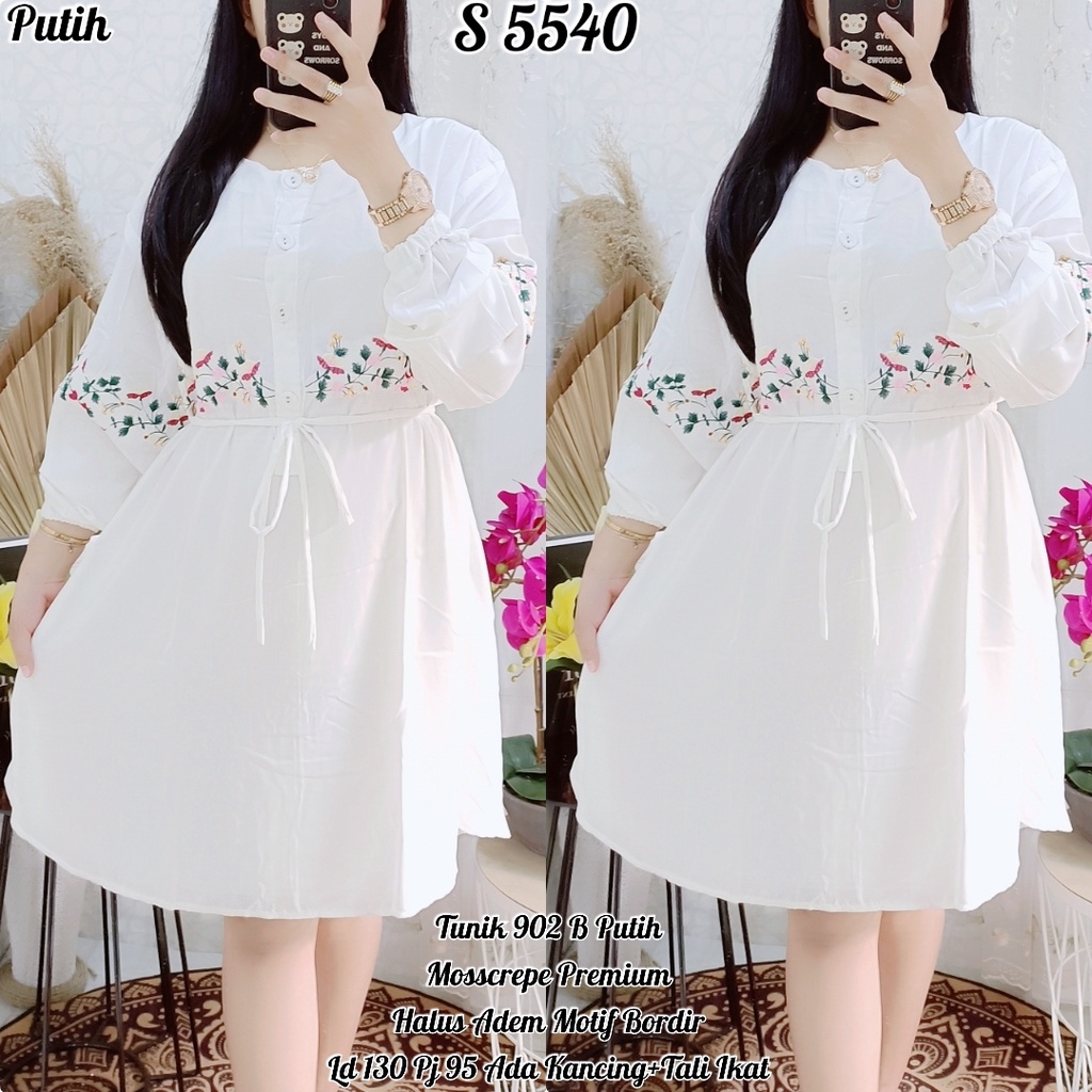 S 5540# Tunik Bahn Moscrepe Motif Bordir Warna Putih 902B