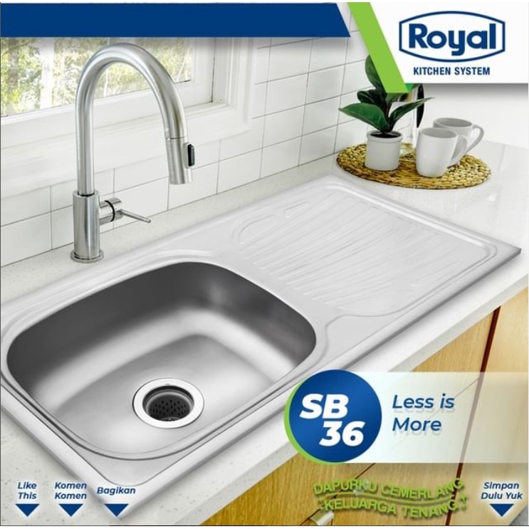 Royal Kitchen Sink SB 36 Wastafel Dapur Bak Cuci Piring 1 Bowl Bersayap Pengering Stainless Steel SB36