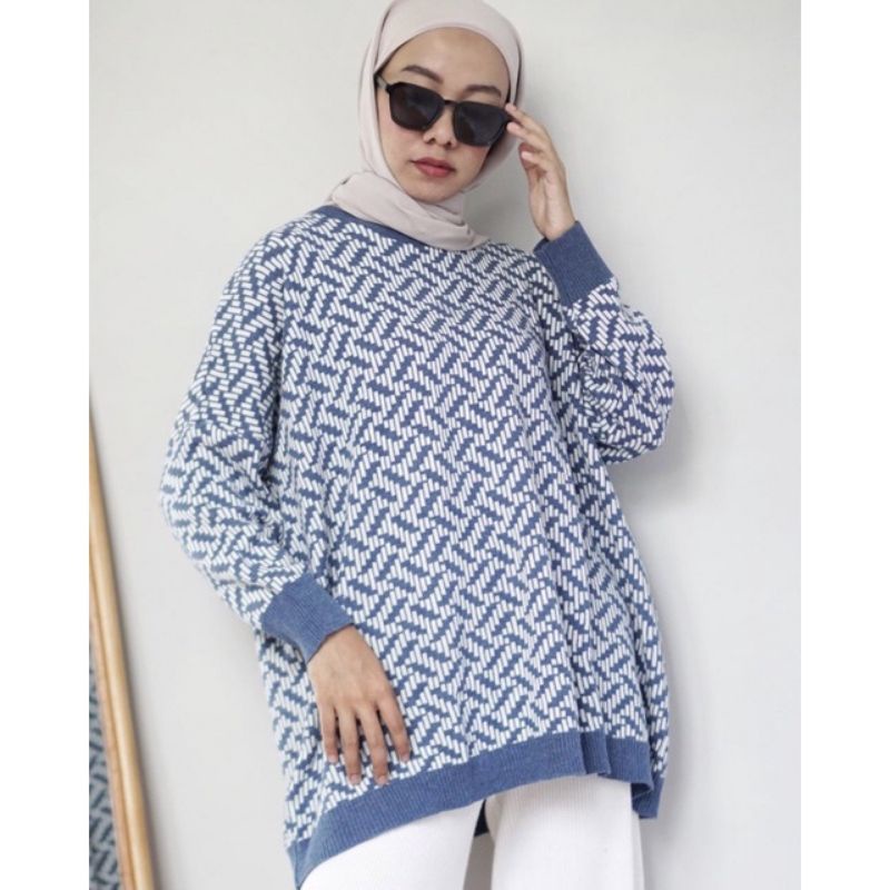 Mery Garis Blouse Knit Top Atasan Rajut Oversize