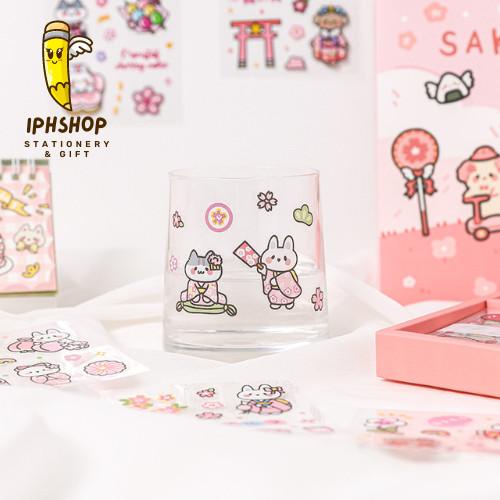 

100 Lembar Stiker Pink Sakura Cat Waterproof PVC Sticker Scrapbook