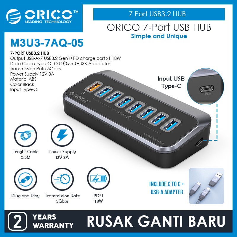 Type-c to Usb-A 3.2 hub orico 7 port 5Gbps 118w 3A 50cm cable with charging pd m3u3-7aq-05 - Terminal usb3.2 7 slot