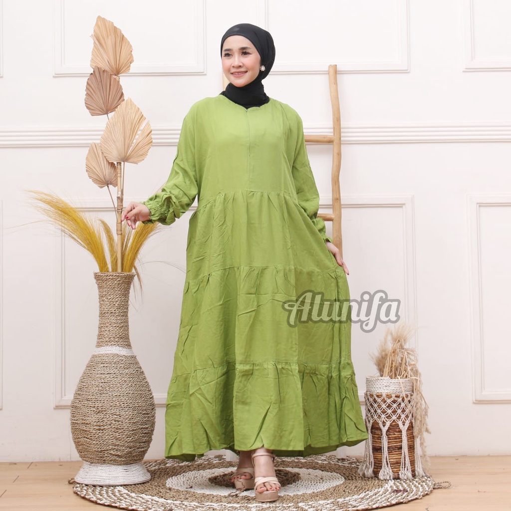 AMANDA DRESS | GAMIS REMPEL SUSUN RAYON POLOS TALI PINGGANG | GAMIS RUFFLE HOMEY