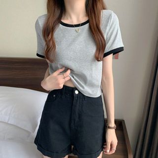 GO!BJ1231 Baju Wanita Atasan Croptop Neck Short Sleeve T-Shirt Kaos Lengan Pendek Style korean