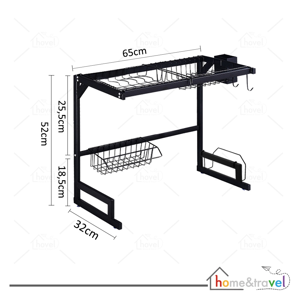 HOVELSHOP Rak Piring Dapur Wastafel Stainless Hitam 2 Susun Pakai Tutup 65cm Premium Anti Karat