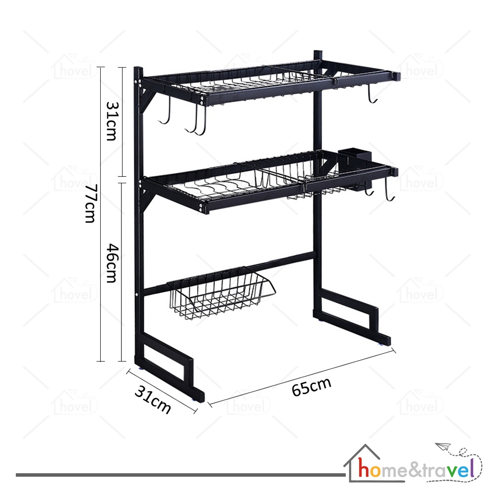 HOVELSHOP Rak Piring Dapur Wastafel Stainless Hitam 2 Susun Pakai Tutup 65cm Premium Anti Karat