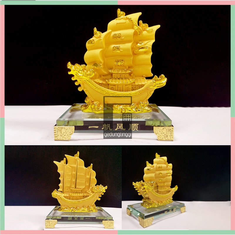 Pajangan Patung Meja Kantor Kado Hadiah Miniatur Mainan Perahu Kapal Layar Pinisi Naga Air Laut Benda Gelang Fengshui Fengsui Feng Shui Rejeki Rezeki Hoki Emas Gold Amulet Keberuntungan Kekayaan Makmur Batu Resin Rupang Tasbih Buddha Budha Statue Necklace