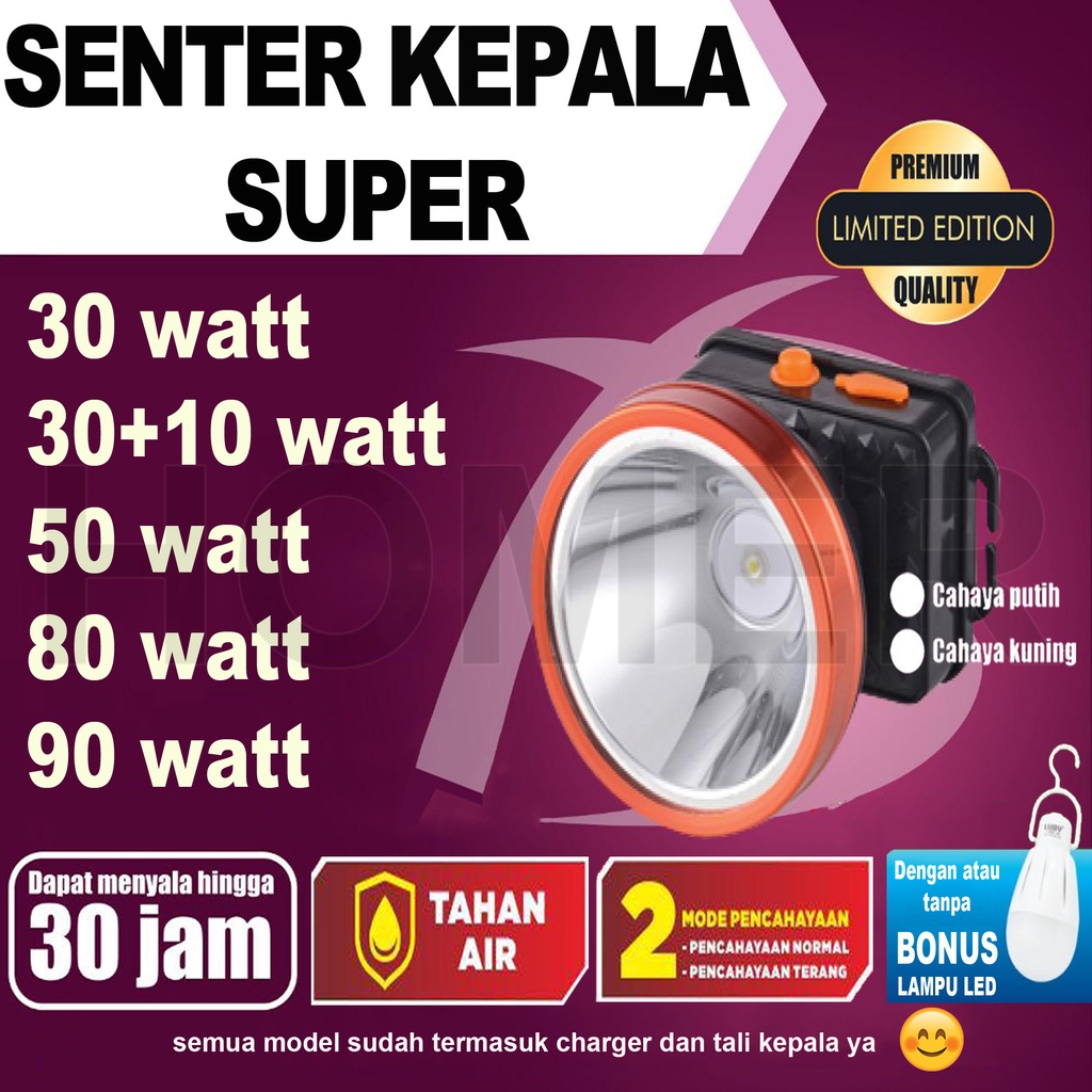 Lampu Senter Kepala LED body kecil besar jumbo Headlamp head lamp Kotak senter kepala LED super terang sepeda hiking baca cas charge Charger murah 30w 30watt 30 w 30 watt 30+10w 50w 50watt 50 w 50 watt 80w 80watt 80 w 80 watt anti air hujan outdoor bohlam