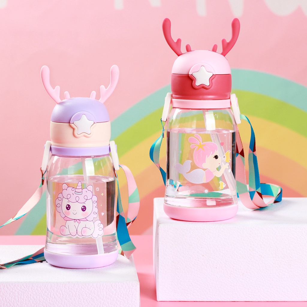 SS Botol Minum Anak Karakter Kartun Botol Air Minum Anak Sedotan 610ml Model Tanduk Rusa Lucu Free Tali Panjang Dan Sticker Karakter Unik Botol Minum Sekolah Lucu Viral