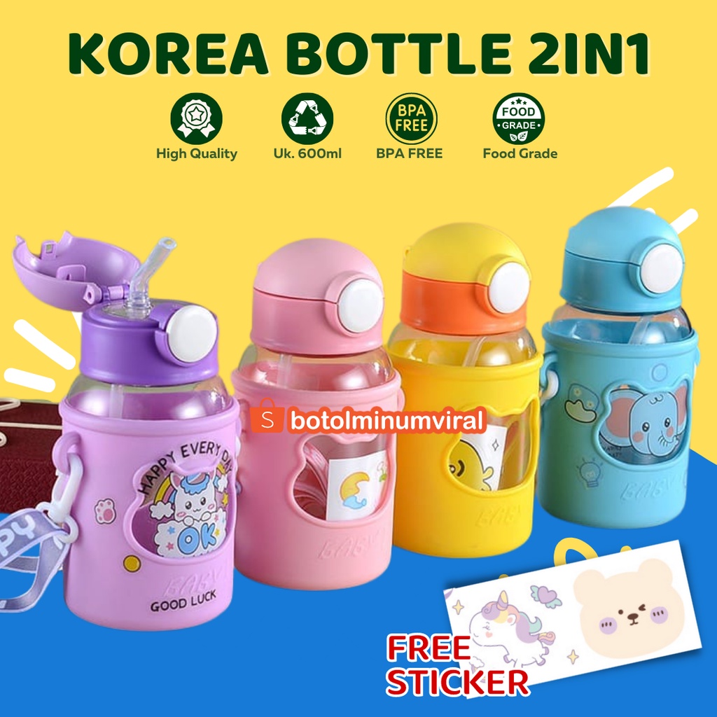 Botol Minum Viral Anak Korea BPA FREE Anti Tumpah Sedotan Pouch Silicone Tali Sticker Tebal Premium Import