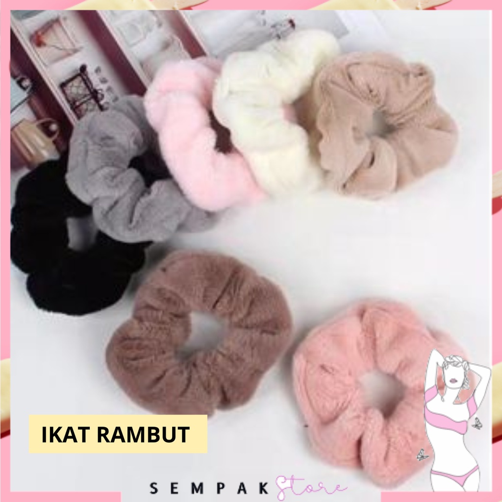 SS Ikat Rambut Scrunchie Korea Hijab Gelang Hairband Kunciran Cepol Jilbab Lingkar Besar Bulu Lembut Korea Motif Polos