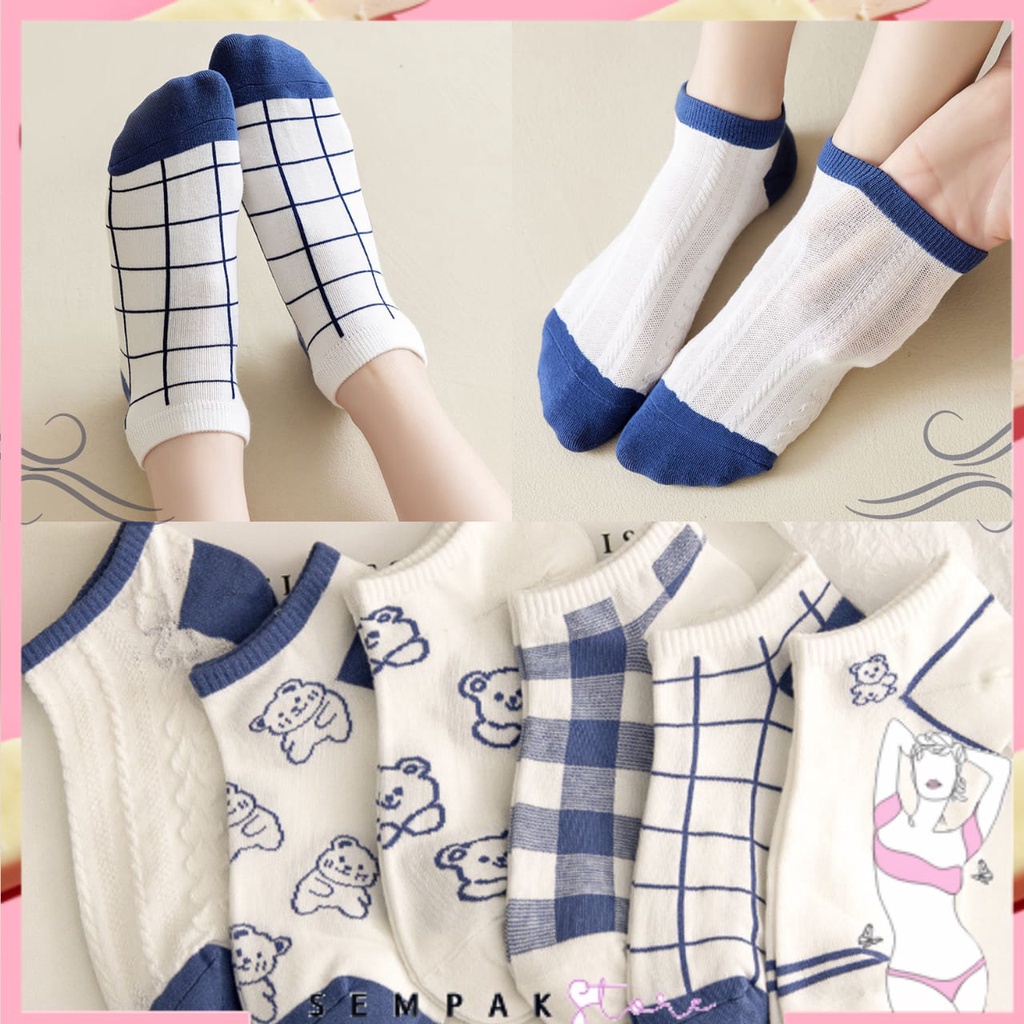 Kaos Kaki Wanita Pria Pendek 6578 Kaos Kaki Beruang Unisex Semata Mata Kaki Ankle Motif Bear Kotak-Kotak Garis Biru Socks Korean Model Simple Cute