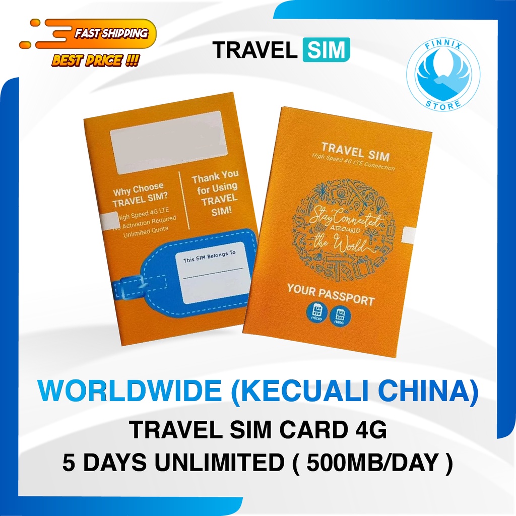 Travel Sim Card Kartu Perdana 4G WORLDWIDE KECUALI CHINA 5 Days - 500MB Perhari