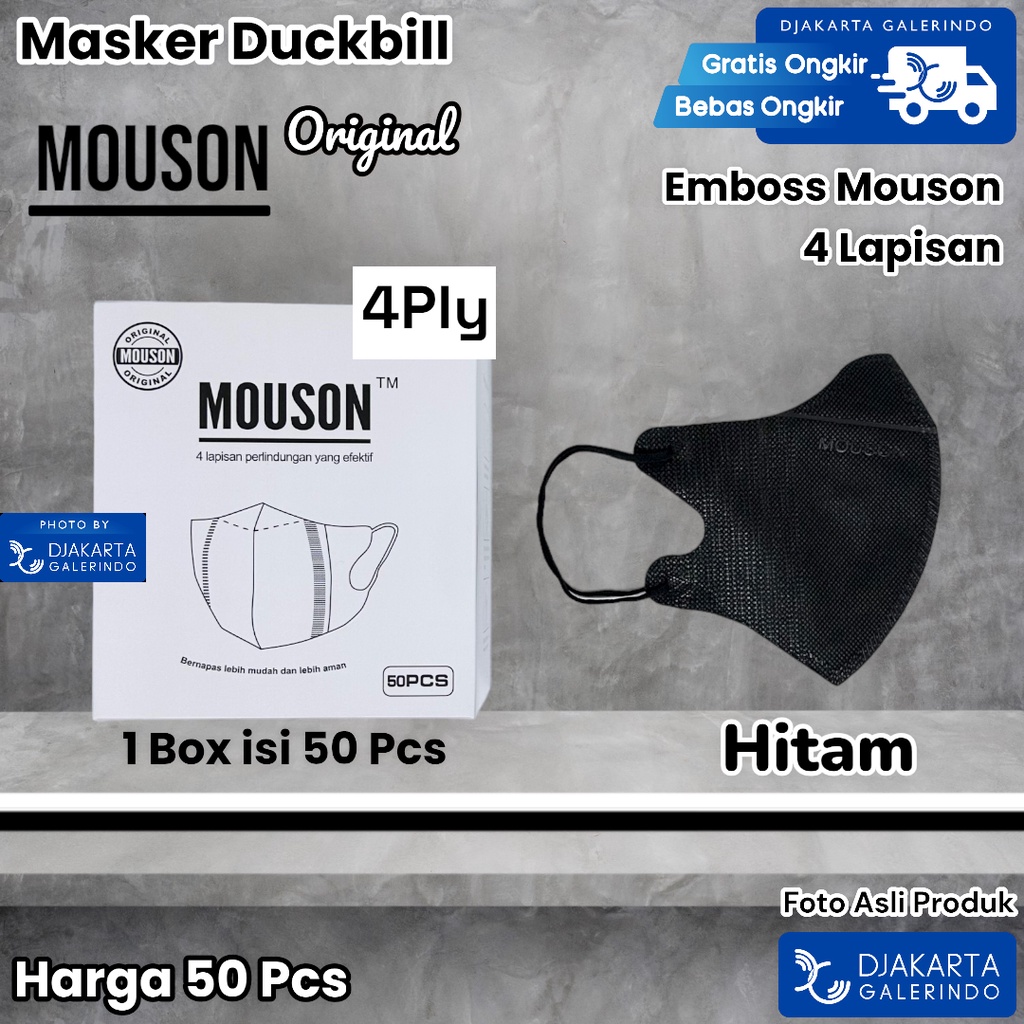 Masker Duckbill Hitam Black 4Ply Mouson Alkindo isi 50Pcs