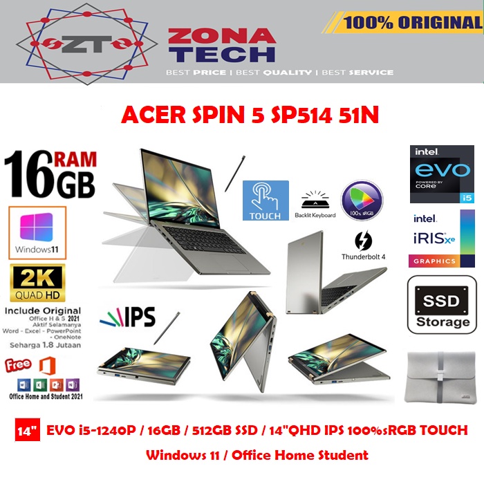 ACER SPIN 5 SP514 51N - EVO i5-1240P - 16GB - 512GB SSD - IRIS XE - 14&quot;QHD IPS 100%sRGB TOUCH - WIN11 - OHS