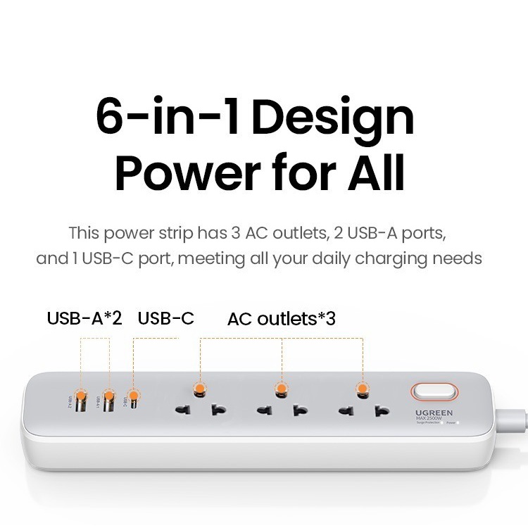 UGREEN Stop Kontak Kabel Power Strip Colokan Listrik Socket USB A + Type C GaN 30W Fast Charging