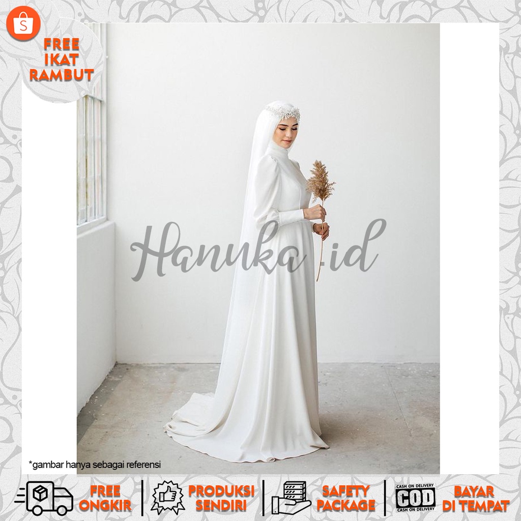Gaun Pengantin Muslimah Dress  Wedding Gamis Akad Walimah All White Bisa Reuest Ukuran Satu Set Deng