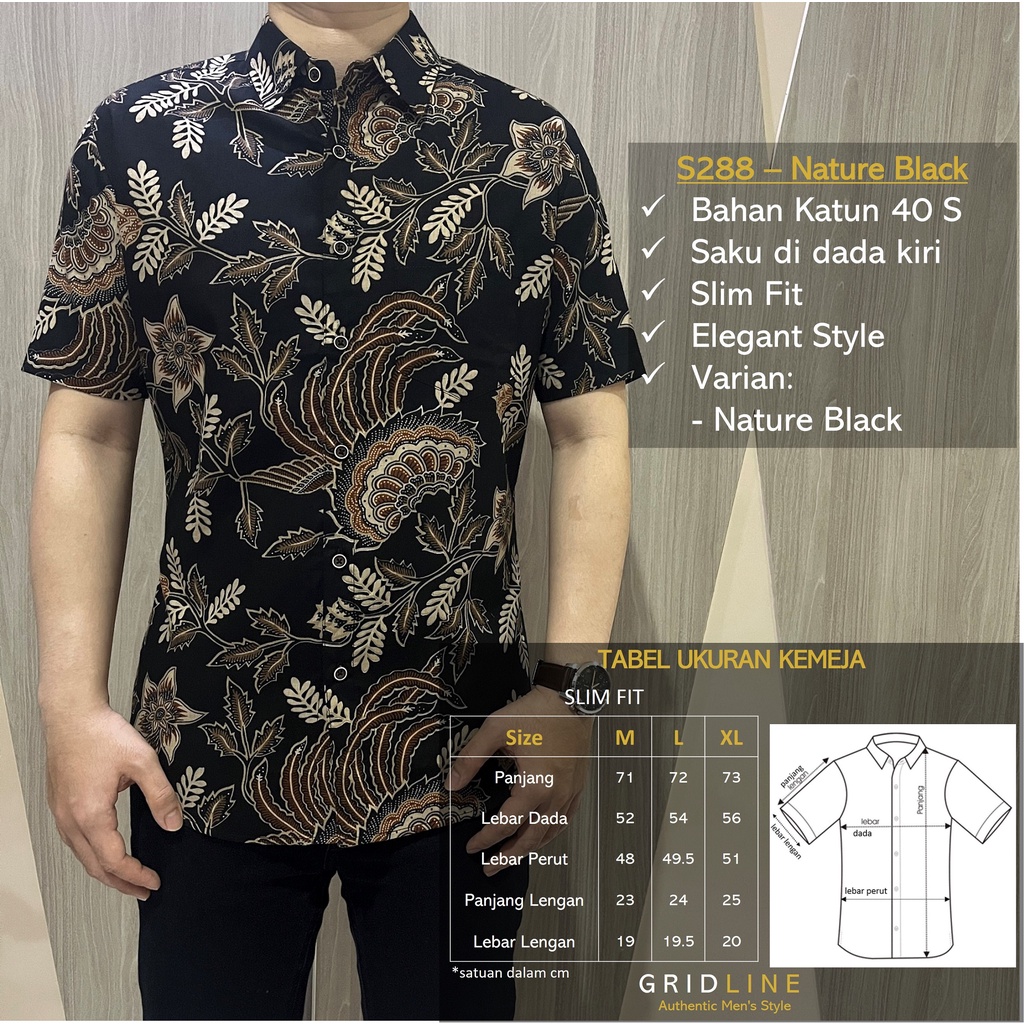 [GRIDLINE - S288 Nature Black &amp; S254 Navy Green] Kemeja Batik Slimfit Pria Lengan Pendek Katun Model Casual Modern